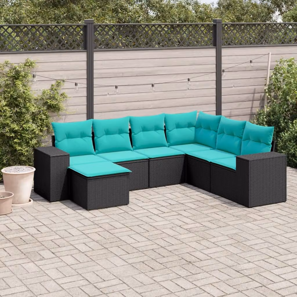 Set di divani da giardino vidaXL 7 pezzi in rattan con cuscini e pouf, design moderno a L con struttura in metallo nero e tessuto resistente ai raggi UV
