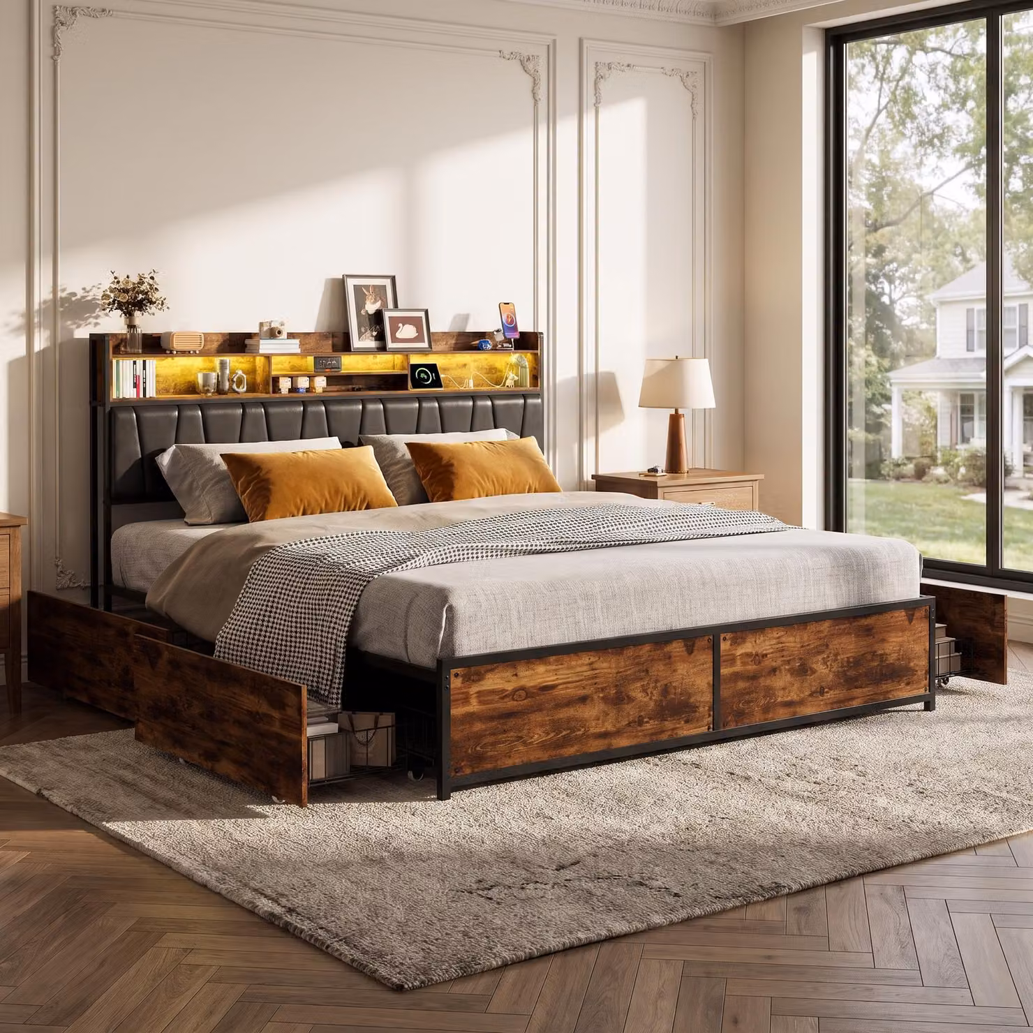 Letto contenitore 180x200 cm, letto con spazio contenitore, 4 cassetti, letto imbottito con LED e USB, struttura del letto matrimoniale con rete a doghe, letto per ragazzi, colore nero, materiale: PU