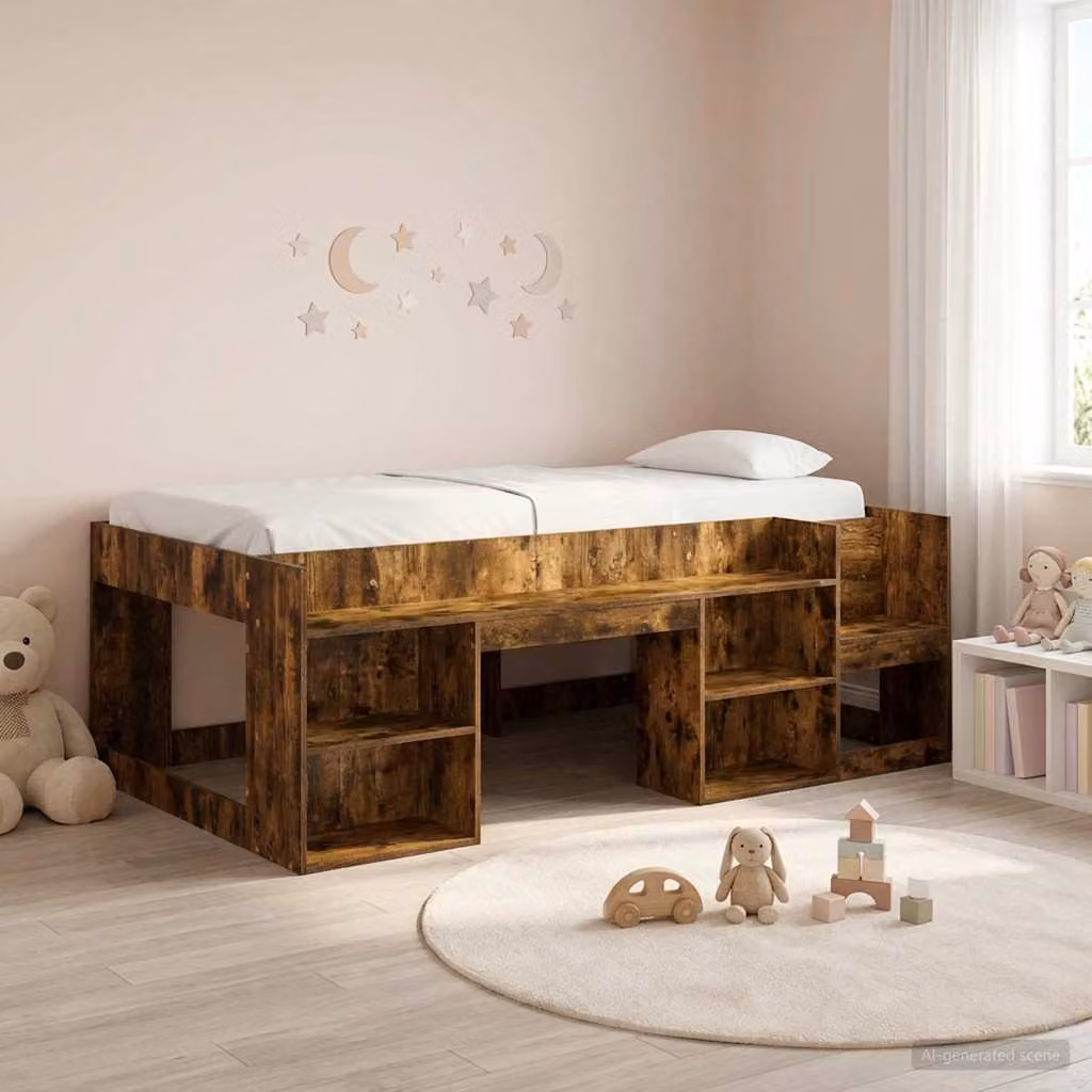 Letto singolo rialzato per bambini vidaXL con ripostiglio e scale, colore marrone, L/P/H: 193 x 120 x 118,5 cm