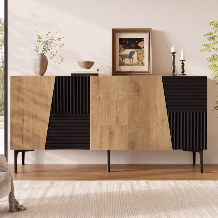 Mobile contenitore Flieks con 4 ante, 3 cassetti, comò con gambe in ferro, ampio spazio di stoccaggio, mobiletto freestanding per soggiorno e sala da pranzo, finitura effetto legno e nero