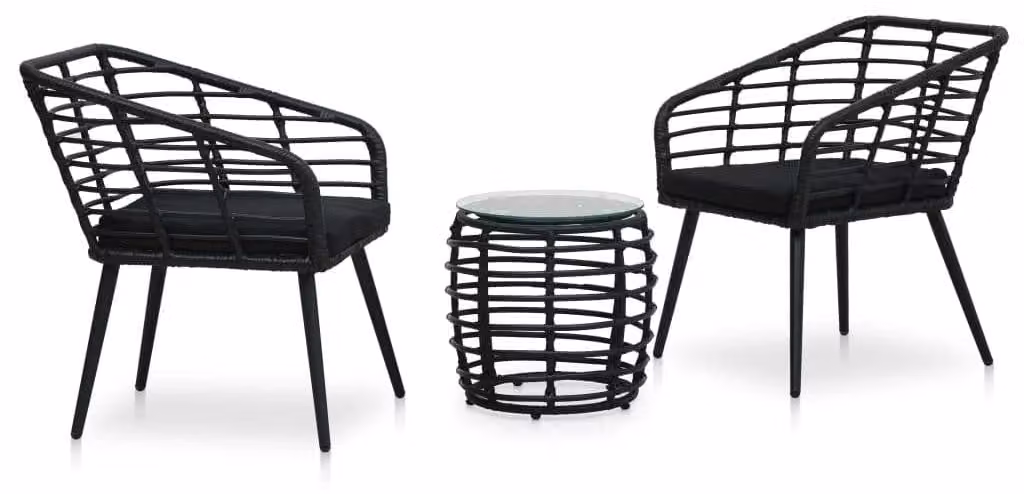 Set da giardino composto da 3 pezzi, stile bistro, colore nero - Realizzato in rattan sintetico - Tavolo con piano in vetro