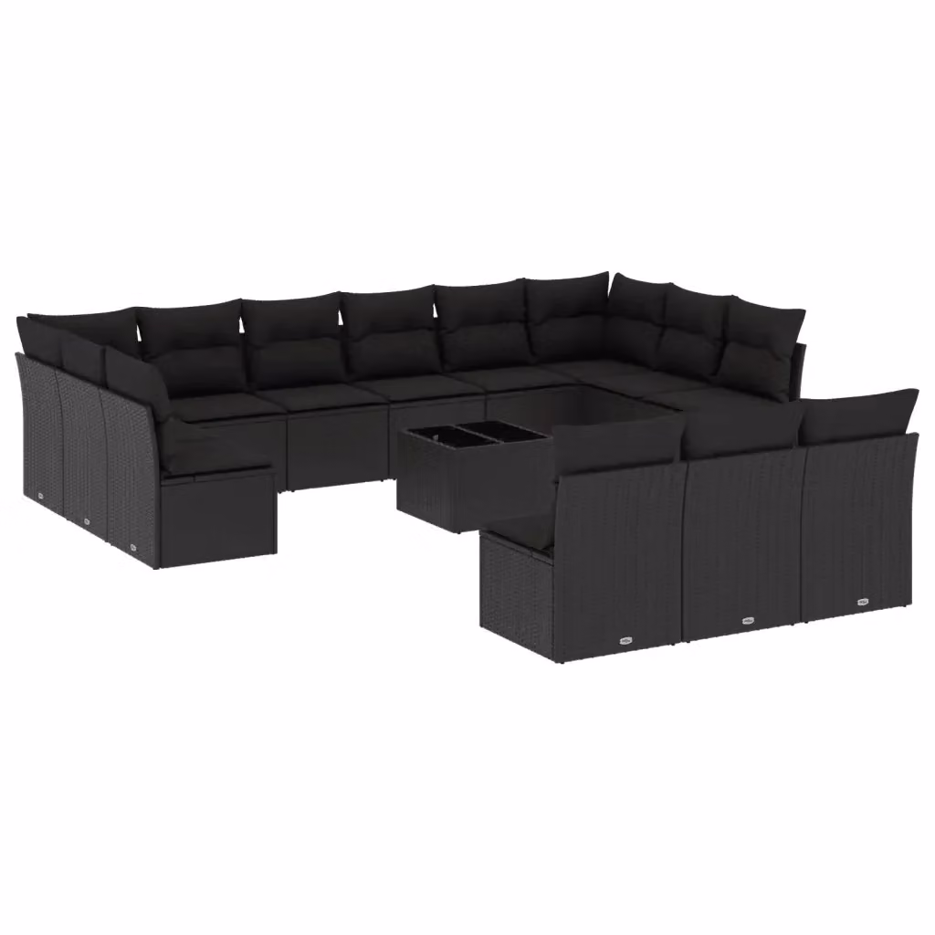 Set di Divani da Giardino vidaXL a Forma di U in Polyrattan Nero con Cuscini e Tavolino da Esterno – 2