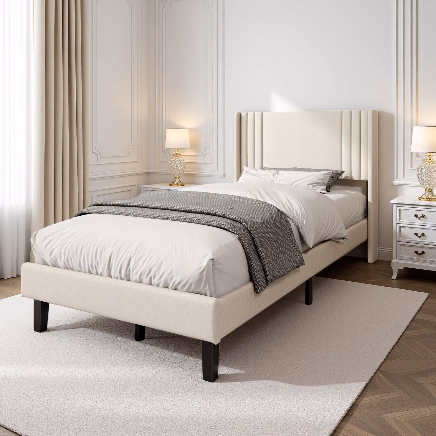 Letto singolo ProximaX 90×200 cm beige – Letto in tessuto di lino, solida rete a doghe, 15 cm di spazio contenitivo, letto da camera da letto in stile moderno