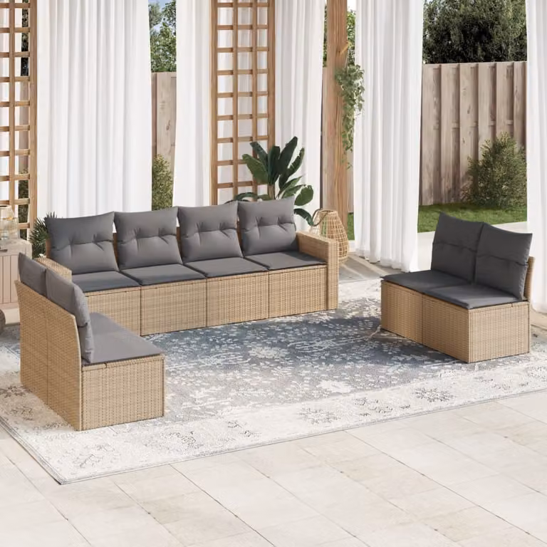 vidaXL Set Divano da Giardino 9 pz a L con Polyrattan e Cuscini Beige e Grigio