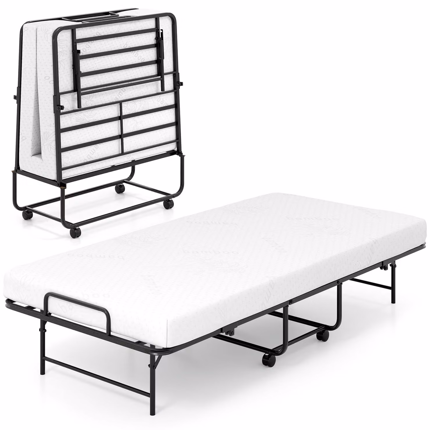 COSTWAY letto per ospiti 90x190cm con materasso, letto singolo pieghevole, letto stabile in metallo fino a 220kg, letto portatile letto pieghevole letto pieghevole su ruote bianco