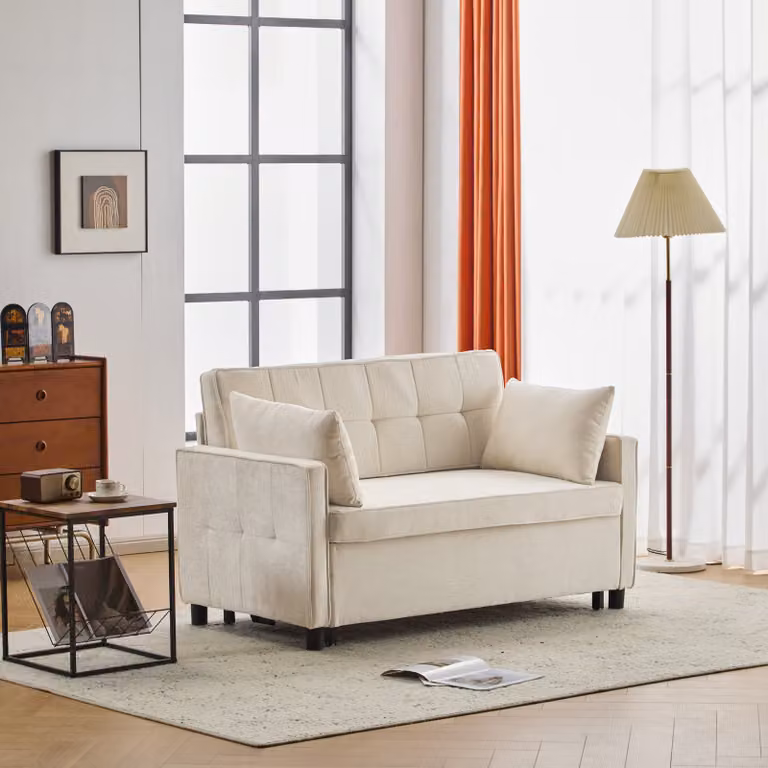Divano letto a due posti Merax con funzione letto - tessuto in ciniglia bianco, schienale regolabile, zona notte e zona giorno 2 in 1, beige
