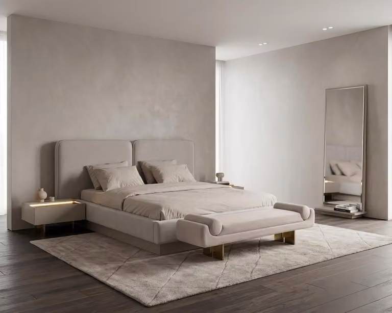 Set per camera da letto: letto, comodini, specchio a figura intera, panca. Design moderno, colore beige, aspetto elegante