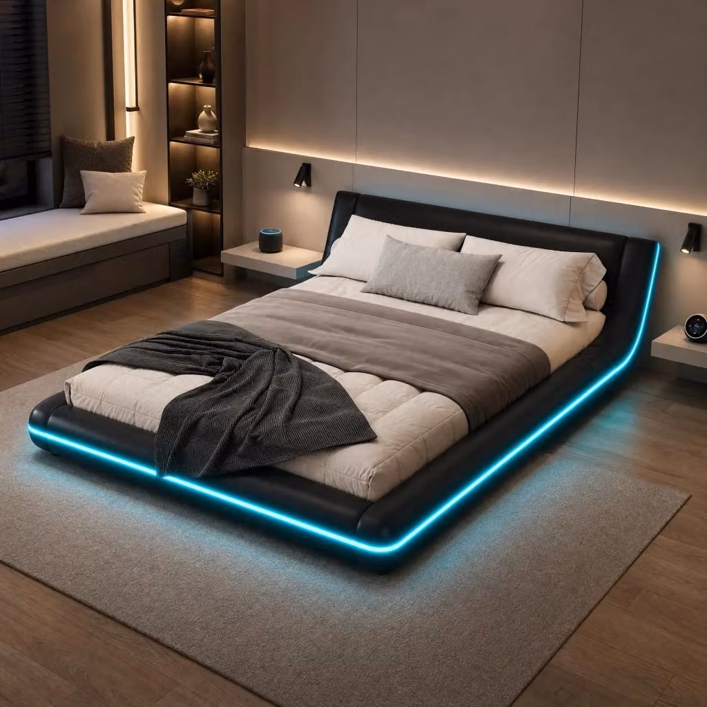 Letto moderno Mivray rivestito in ecopelle nera con illuminazione LED sottostante, L/P: 140 x 200 cm – 2