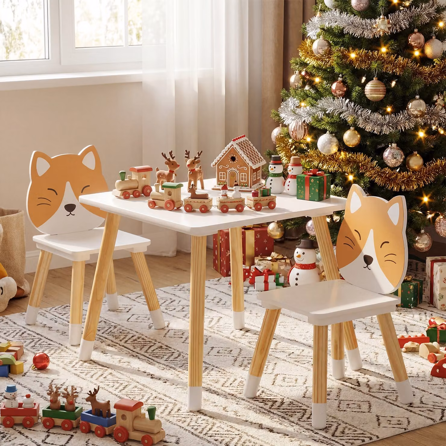 Set tavolo e sedie in legno Costway bianco per bambini, scrivania multi-attività per gioco, arte e apprendimento