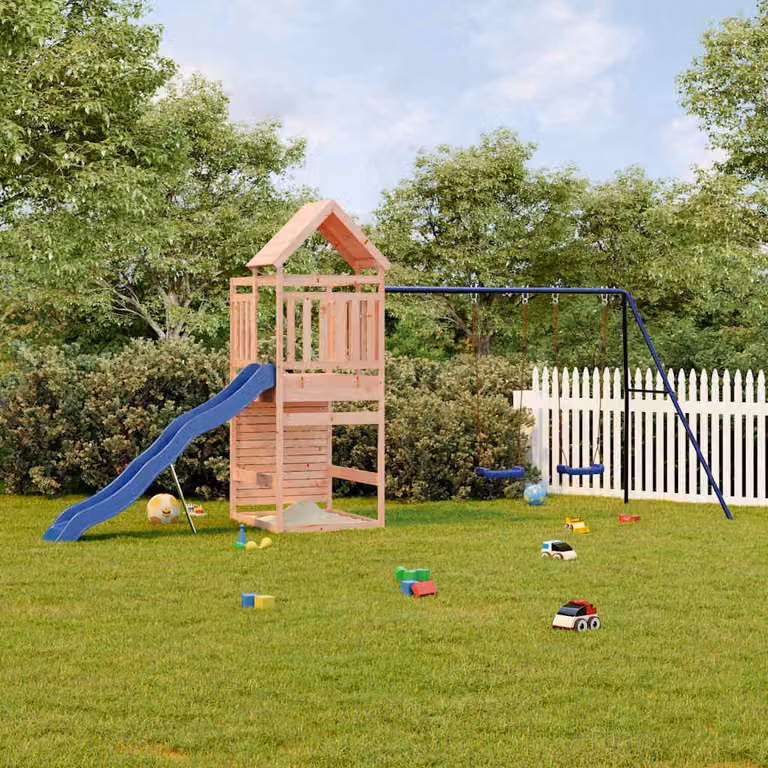 vidaXL Set da Gioco da Esterno in Legno di Douglas con Scivolo, Sabbiera e Altalena, Blu e Marrone
