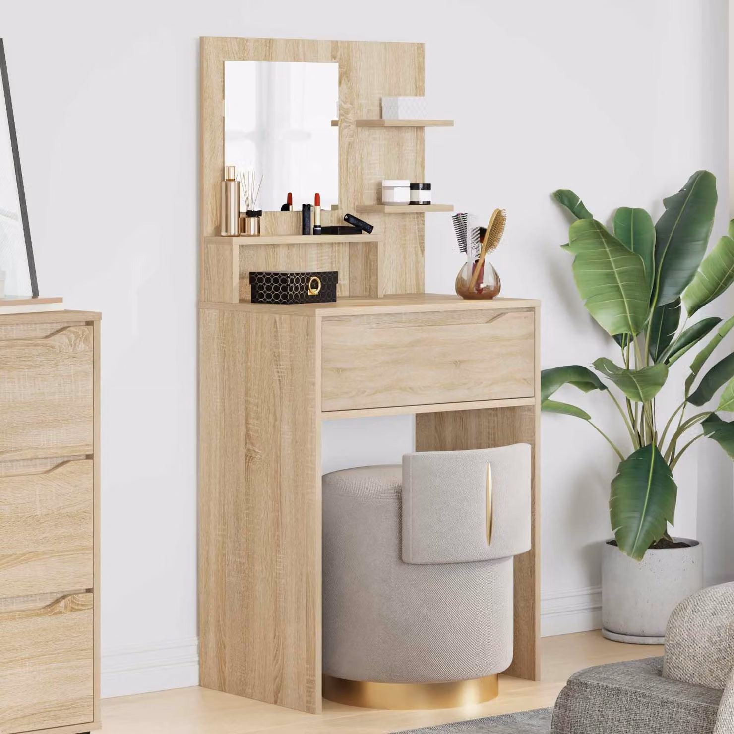 vidaXL Tavolo da Trucco Moderno per Camera da Letto in Rovere e Beige L: 135,0 cm, P: 39,5 cm, H: 60,0 cm