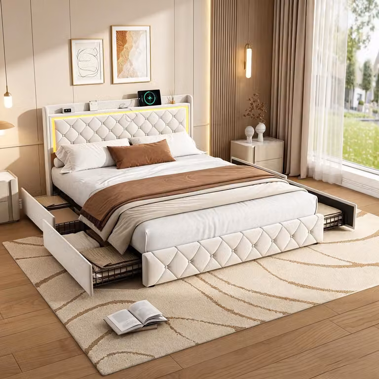 Letti imbottiti INONEFT 140x190 con LED e USB/C, letti a molle con struttura a rete e 4 cassetti, letti multifunzionali con contenitore, in velluto, color beige