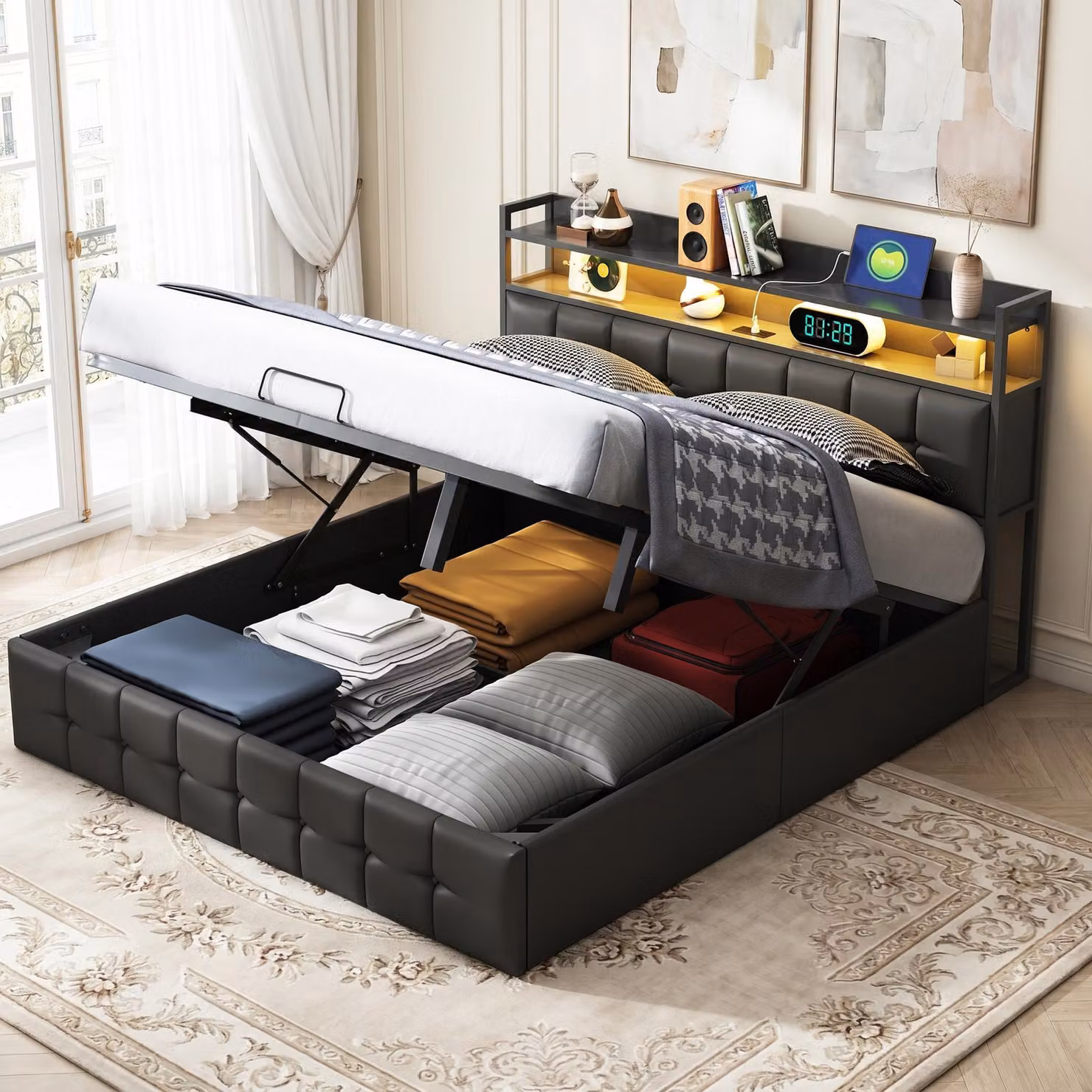 Letto imbottito INONEFT 160x200 cm con LED e porta USB di tipo C, letto con box contenitore ad apertura idraulica, letto matrimoniale per giovani con rete a doghe e contenitore, rivestimento in ecopelle nera