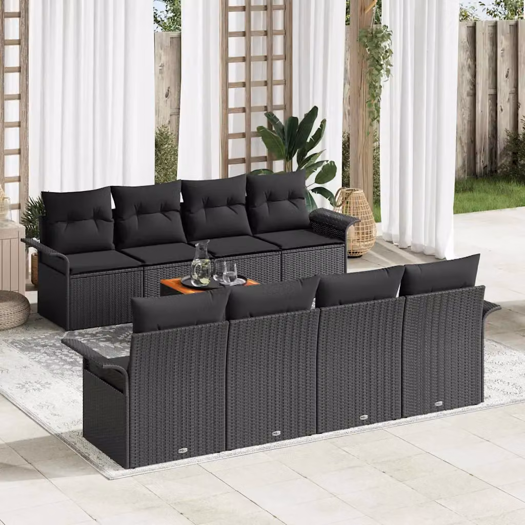 Set Divano da Giardino vidaXL 9 Pezzi Nero con Cuscini e Tavolino da Esterno in Polyrattan e Acciaio – 1