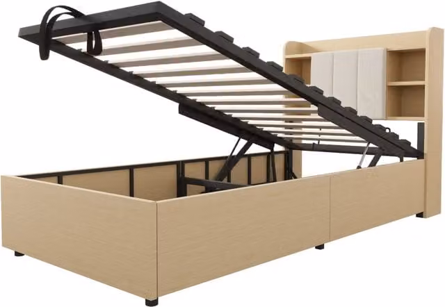 Letto singolo idraulico 90x200 cm con contenitore e testiera con ripiani, dotato di presa USB e Type-C, finitura legno (senza materasso)