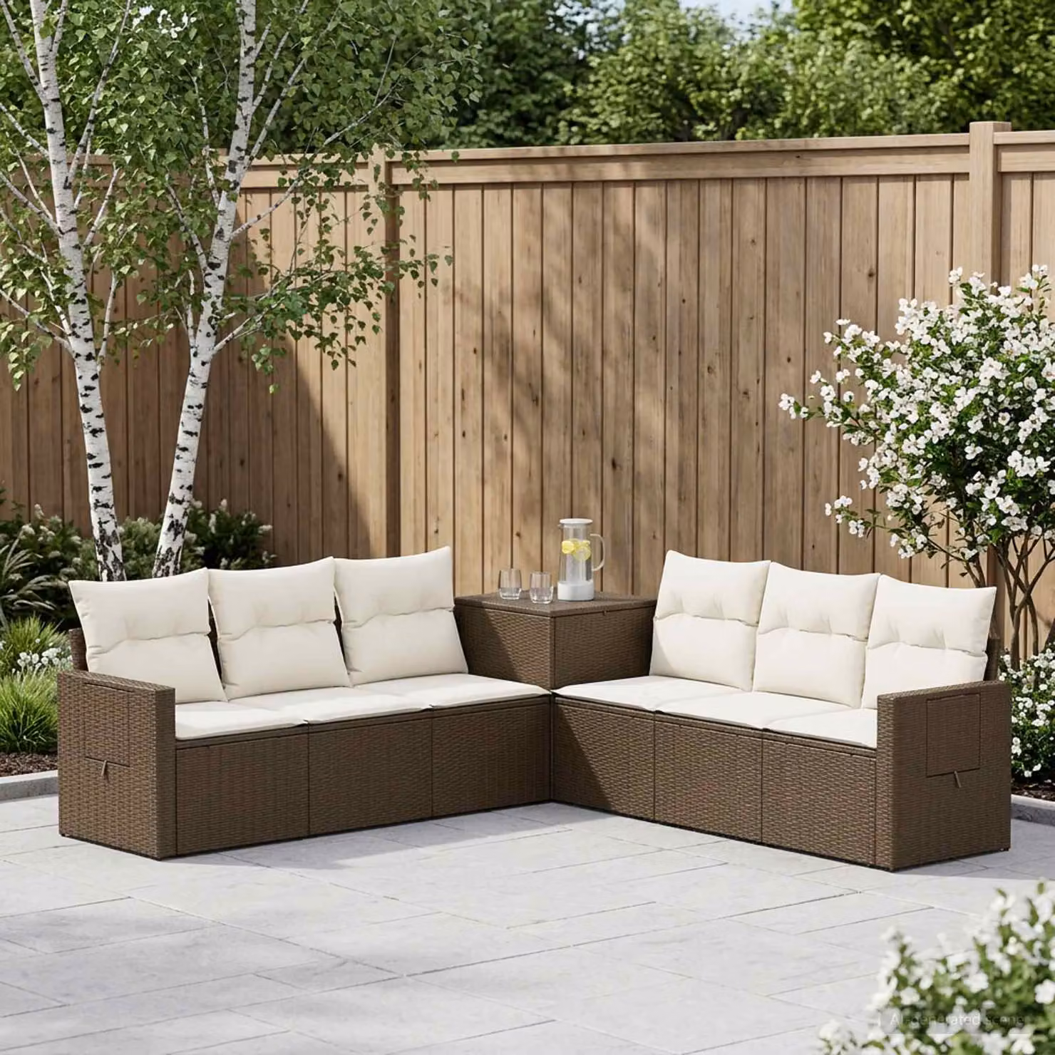 Set di divani da giardino vidaXL in polyrattan marrone e bianco, composizione a L di 7 pezzi con cuscini inclusi