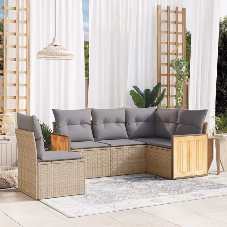 vidaXL Set Divano da Giardino a L 5 pz con Cuscini Beige e Struttura in Acciaio e Legno di Acacia