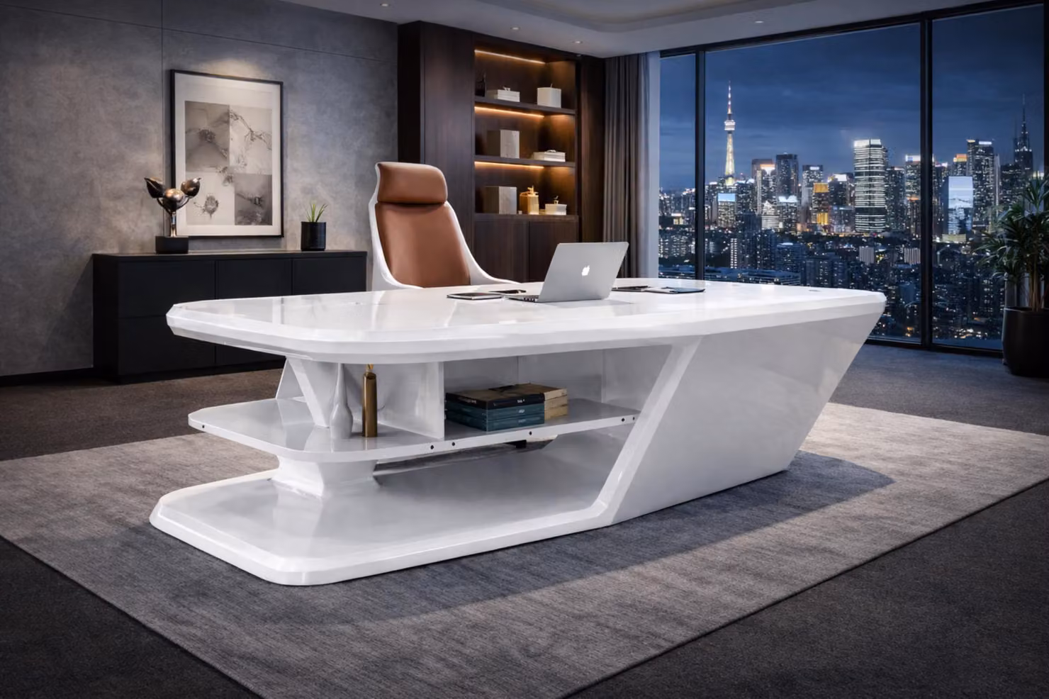 Elegante scrivania per un ufficio moderno con pratici ripiani