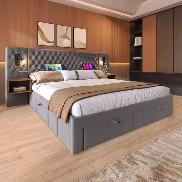 Desviae Letto Matrimoniale 160 × 200 cm con 2 comodini, 4 cassetti, luci lettura, USB e Type-C, con materasso, grigio