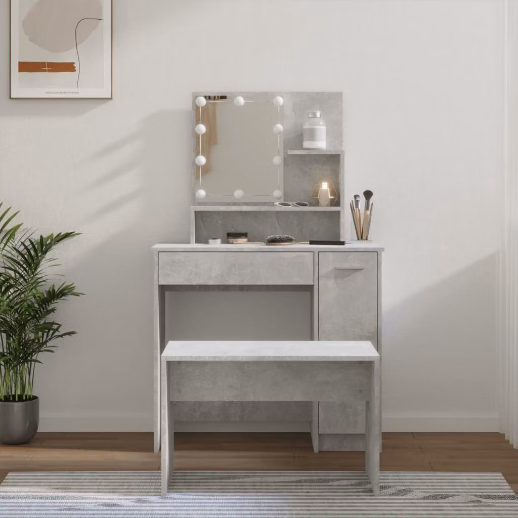 The Living Store Set di tavolini da toilette con LED in cemento grigio a base di legno