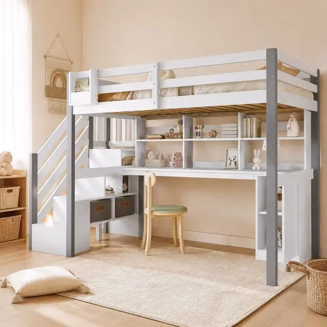 Letto a soppalco 90x200 cm bianco e grigio struttura in legno con scrivania