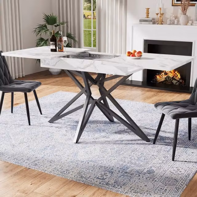 Tavolo allungabile con piano effetto marmo e base a stella in metallo, per sala da pranzo e cucina, bianco