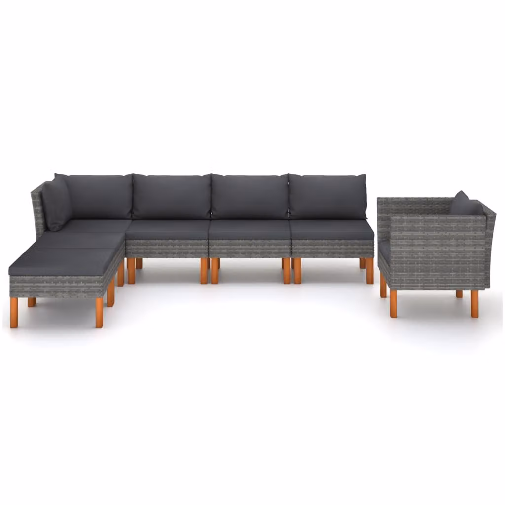 set 7 pezzi da giardino in poly rattan e legno di eucalipto grigio