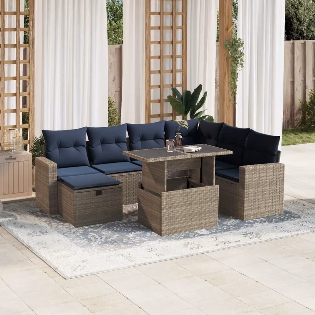 Set di divani da giardino vidaXL 8 pezzi in polyrattan con cuscini grigi e blu, design moderno a L con tavolino e pouf, struttura in acciaio verniciato a polvere e coperture rimovibili