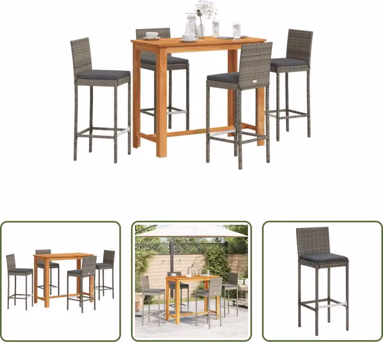 The Living Store Set bar da giardino 5 pezzi in legno massiccio di acacia e poly rattan grigio