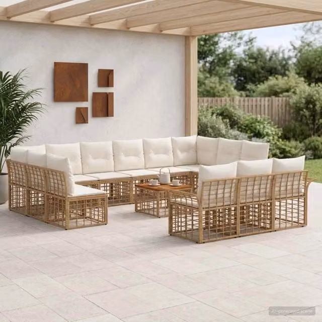 Set di divani da esterno vidaXL a 13 posti in stile rustico con struttura in metallo e cuscini inclusi, colori beige, bianco e marrone