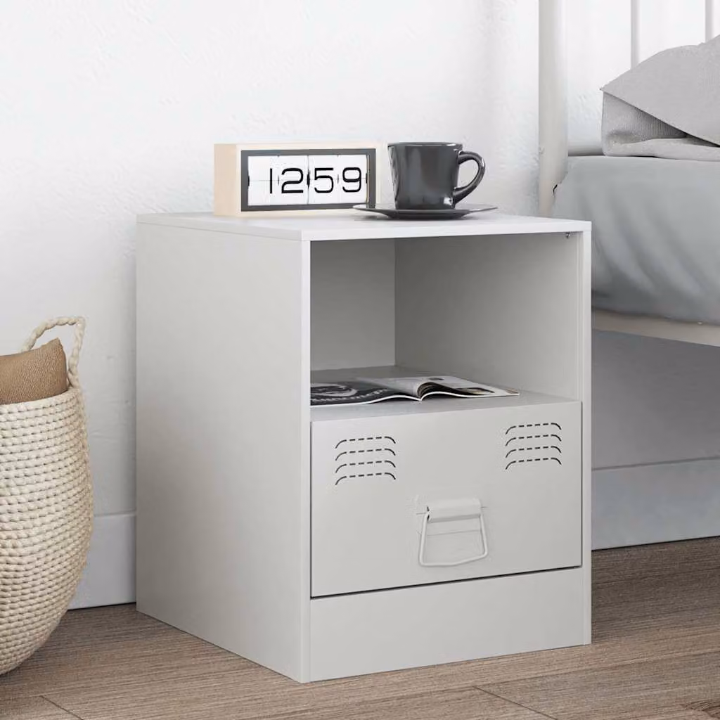 Comodino moderno vidaXL bianco in metallo e MDF L: 34,5 cm, P: 39 cm, H: 44 cm