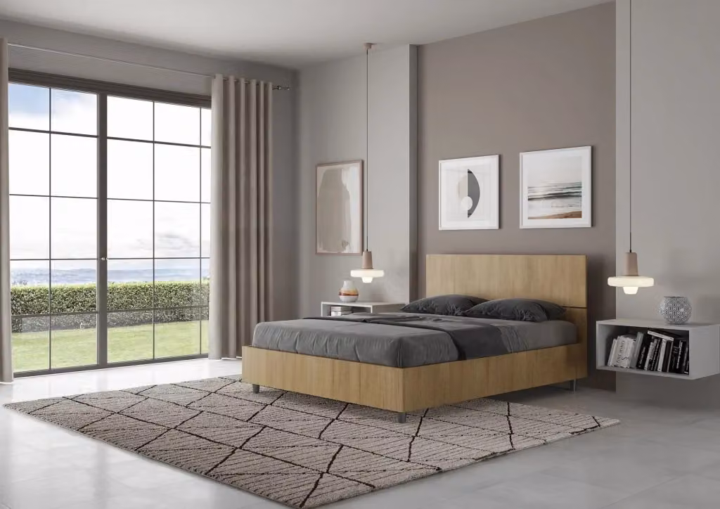 Letto Matrimoniale Francese con Contenitore e Rete a Alzata Giordanoshop Colore Quercia Natura L 140 x P 200 cm – 2