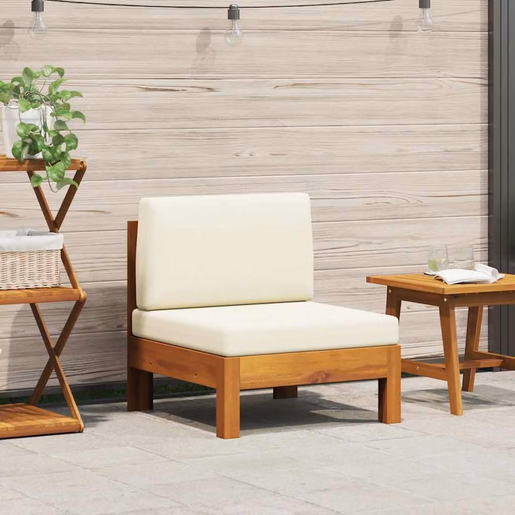 vidaXL Divano Centrale Moderno in Legno di Acacia Trattato con Cuscini Bianco Beige per Giardino – 1