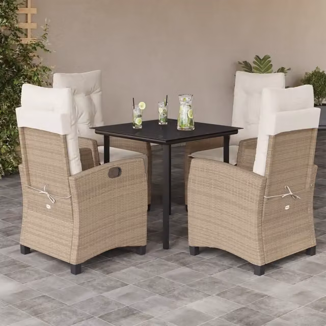 Set da pranzo da giardino vidaXL in polyrattan con cuscini beige e piano in vetro – 1