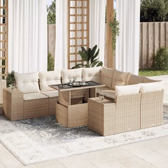 Set Divano da Giardino 9 pz vidaXL in Polyrattan con Cuscini Beige e Bianco per Giardino, Terrazza o Balcone – 1