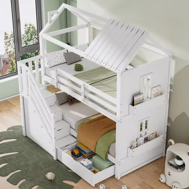 Letto a castello per bambini in pino e MDF 90 x 200 cm con scala contenitore, cassetti e mensole, senza materasso - Bianco