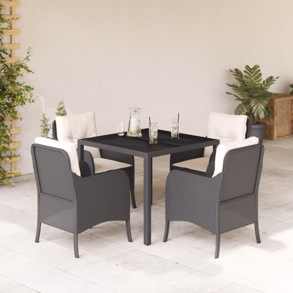 Set da Pranzo da Giardino vidaXL in Polyrattan Nero con Cuscini e Tavolo in Vetro 5 pz – 1