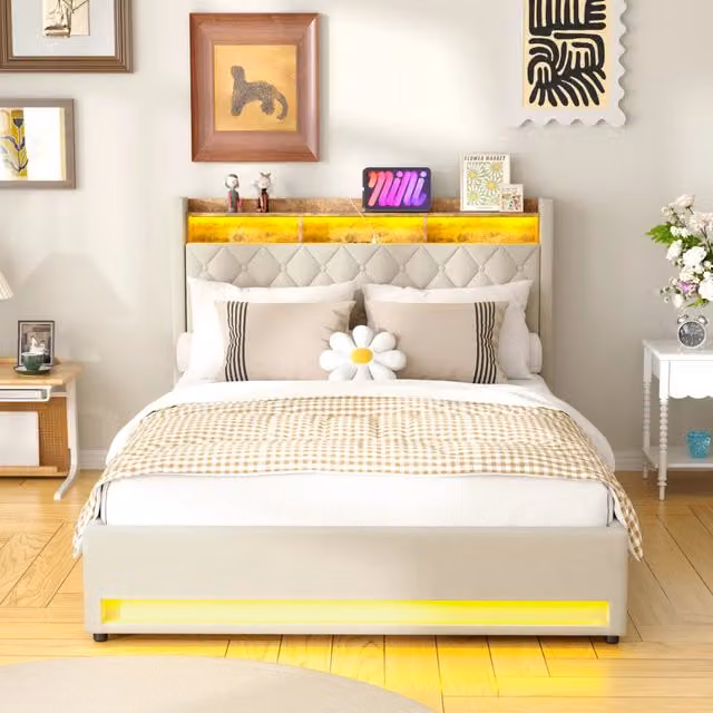 Letto matrimoniale imbottito 160x200 cm in velluto con LED RGB, contenitore idraulico e testiera con USB