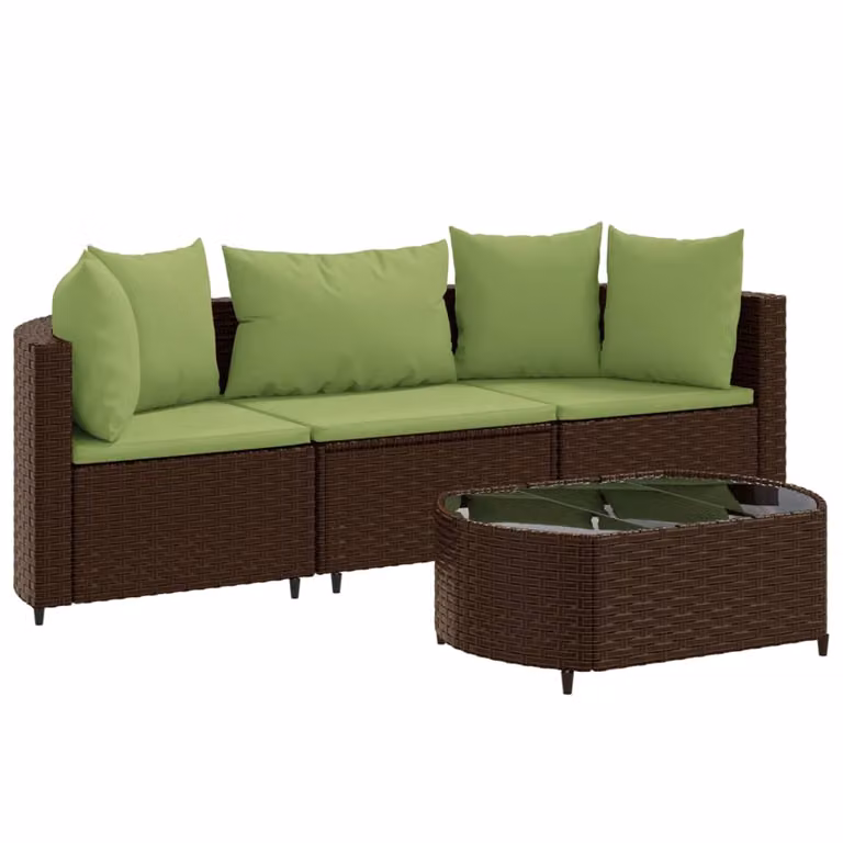 Set Divano da Giardino 4 pz con Cuscini Marrone in Polyrattan