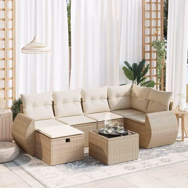 Set da giardino vidaXL composto da 7 pezzi con divano angolare a L, poltrone, pouf e tavolino con cuscini beige e struttura in metallo e rattan