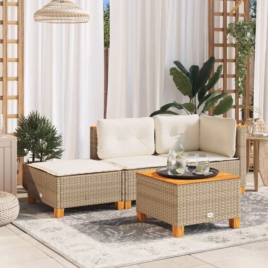 Sgabello da giardino vidaXL in polyrattan con cuscino beige e struttura in legno di acacia, L: 63,5 cm, P: 56 cm, H: 32 cm