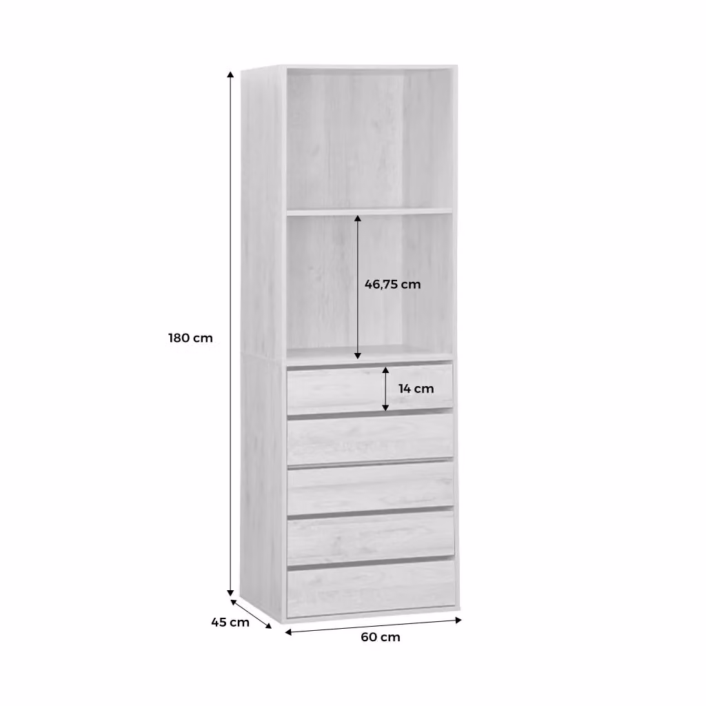 Modulo armadio moderno Sweeek in legno marrone con 5 cassetti interni e 2 ripiani, H 180 x L 60 x P 45 cm – 2