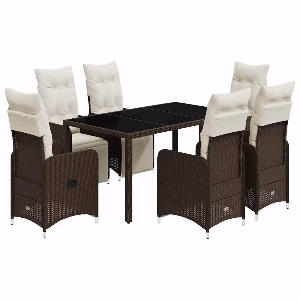 Set Bistrò da Giardino e Balcone vidaXL in Polyrattan Marrone con Cuscini Bianchi e Tavolo in Vetro 7 pz – 2