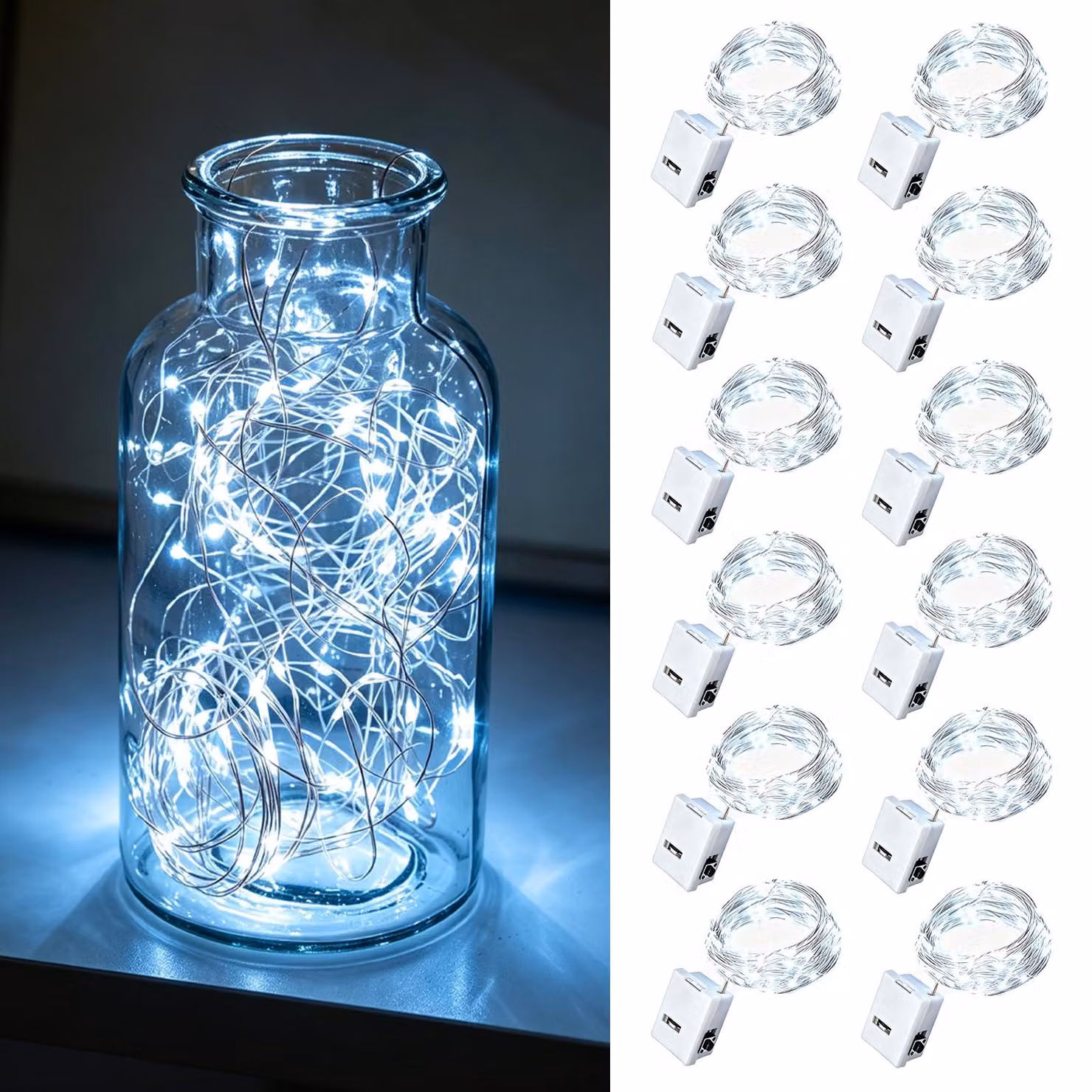 Confezione da 12 luci a LED bianche fredde, alimentate a batteria, lunghezza 2 metri