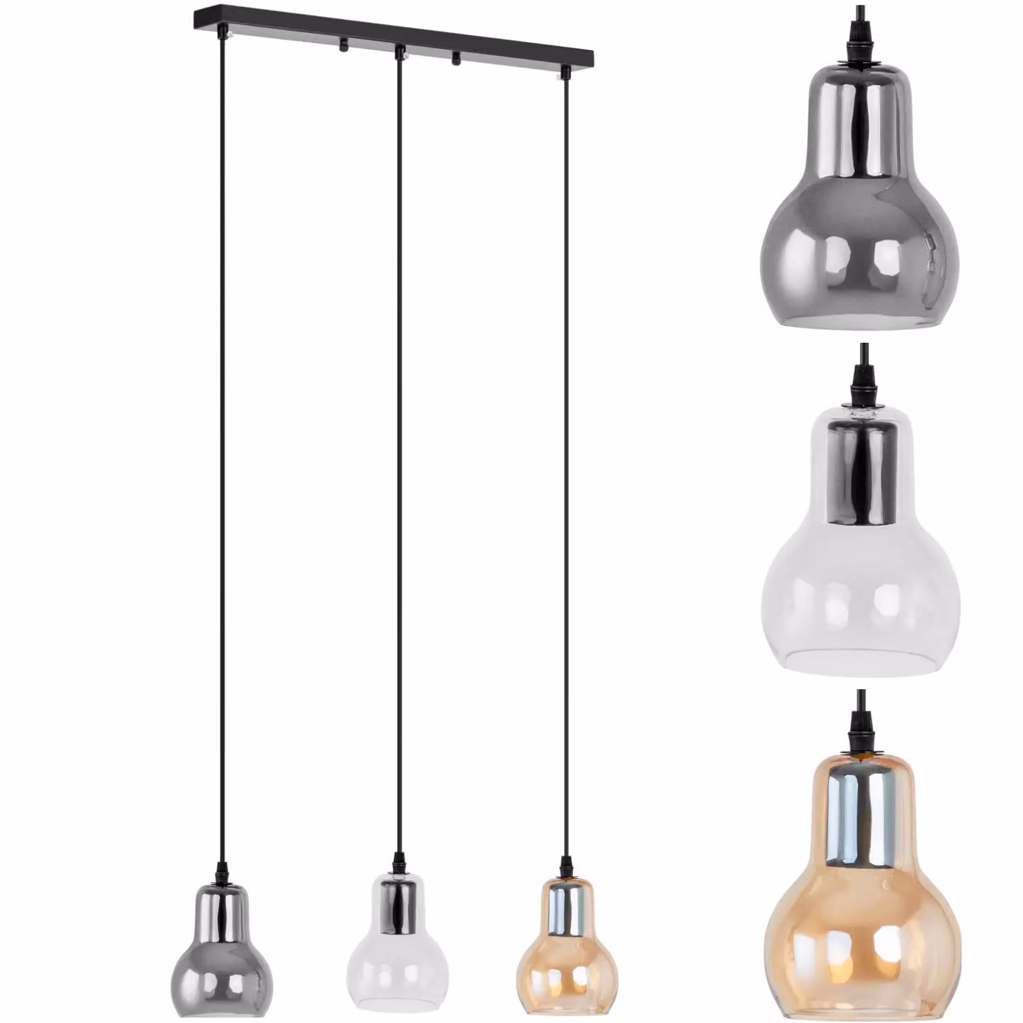 Lampada a sospensione Uniprodo - 3 lampadine - vetro fumé a campana