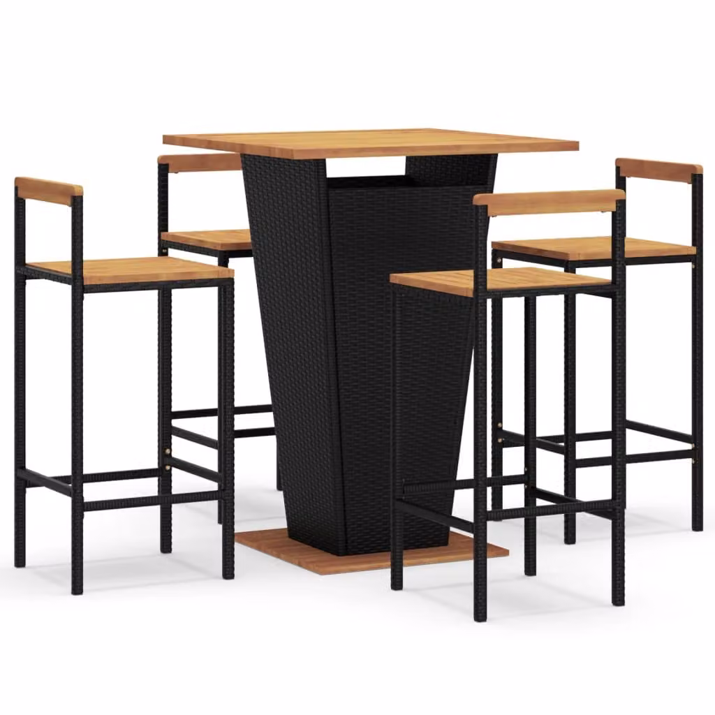 Set Bar Giardino 5 pz Nero Polyrattan e Legno Massello Acacia