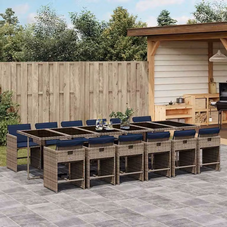 Set da pranzo da giardino vidaXL in polyrattan da 13 pezzi con cuscini e tavolo in vetro, moderno, grigio, nero, blu
