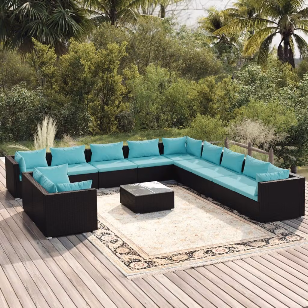 Set da esterno esclusivo per lounge, composto da 12 pezzi, con cuscini, in rattan sintetico nero