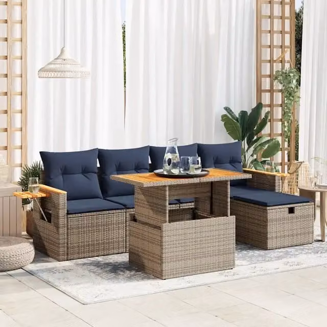 Set Divano da Giardino 6pz con Cuscini Grigio Polyrattan Acacia 3328132