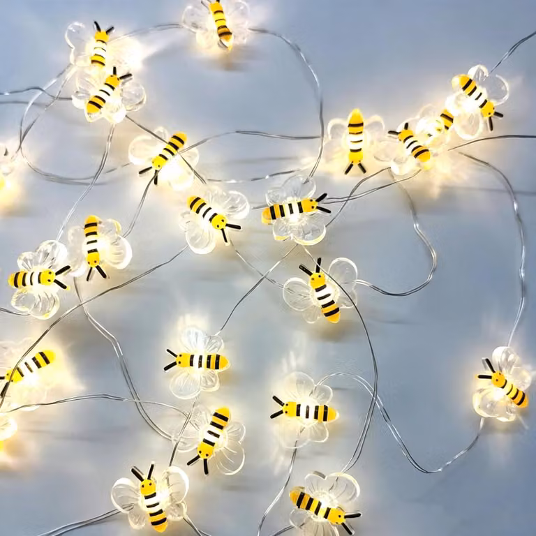 Catena luminosa a forma di api, 2 metri, 20 LED, alimentata a batteria, colore giallo